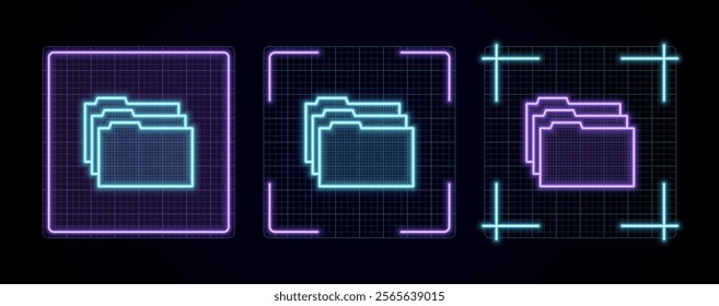 Files folders icon illustration, cyber neon visual, glowing border grid vector.