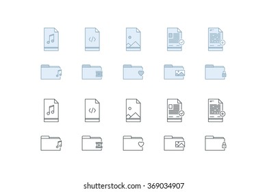 Files and folders icons. Line art. Stock vector.