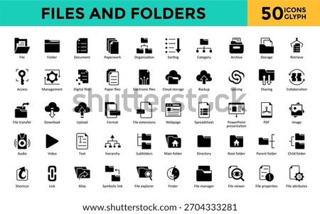Files and Folders icons set with file, folder, document, paperwork, organization, sorting, category, archive, storage, retrieve icon. Simple glyph vector 
