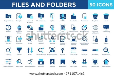 Files and Folders icons set with permissions, encryption, password protection, compression, zip, rar, extraction, deletion, recycle bin, trash icon. Simple flat vector 
