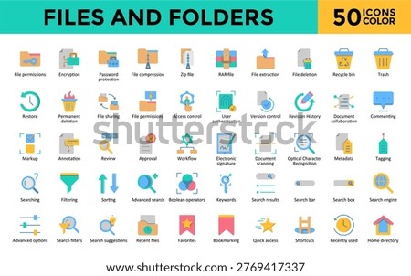 Files and Folders icons set with permissions, encryption, password protection, compression, zip , rar file, extraction, deletion, recycle bin icon. Simple flat color vector 
