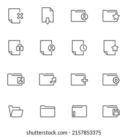 Files and folders line icons set, outline vector symbol collection, linear style pictogram pack. Signs, logo illustration. Set includes icons as document file, media folder, image gallery, music