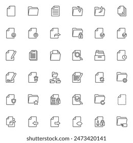 Conjunto de iconos de línea de archivos y carpetas. colección de símbolos de estilo lineal, paquete de símbolos de esquema. Gráficos de Vector de archivos de documento. Set incluye iconos como Descarga de carpeta de Archivar, documento con marca de verificación,