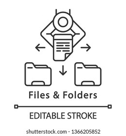 Files and folders linear icon. Automatic file sorting. Automate clerical tasks. Robotic process automation. Thin line illustration. Contour symbol. Vector isolated outline drawing. Editable stroke