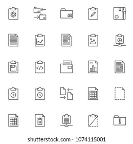 Files and folders outline icons set. linear style symbols collection, line signs pack. vector graphics. Set includes icons as clipboard with cog gear, data exchange, document file, business chart