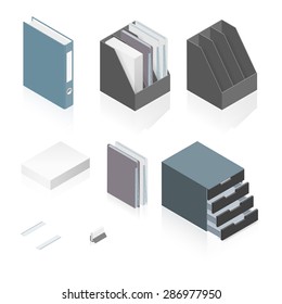 Files, folders, paper stack, storage boxes and a detailed isometric set vector graphic illustration