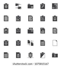 Files and folders vector icons set, modern solid symbol collection, filled style pictogram pack. Signs, logo illustration. Set includes icons as clipboard with cog gear, data exchange, document file