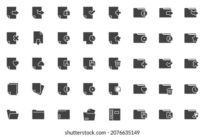 Files and folders vector icons set, modern solid symbol collection, filled style pictogram pack. Signs, logo illustration. Set includes icons as document file share, user profile, paper document