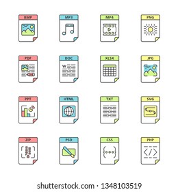Files format color icons set. Multimedia, text, image, web digital files. BMP, MP3, MP4, PNG, PDF, DOC, XLSX, JPG, PPT, HTML, TXT, SVG, ZIP, PHP, CSS, PSD. Isolated vector illustrations