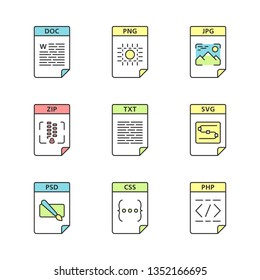 Files format color icons set. Text, image, archive, webpage files. DOC, PNG, ZIP, TXT, SVG, PSD, CSS, PHP. Isolated vector illustrations svg