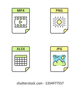 Files format color icons set. Multimedia, image, spreadsheet files. MP4, PNG, XLSX, JPG. Isolated vector illustrations