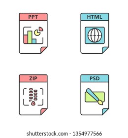 Files format color icons set. Presentation, webpage, archive, image files. PPT, HTML, ZIP, PSD. Isolated vector illustrations