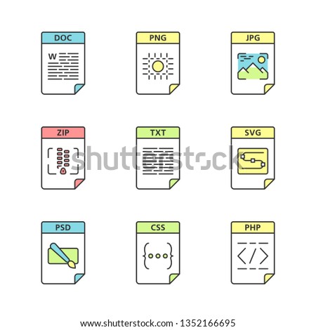 Files format color icons set. Text, image, archive, webpage files. DOC, PNG, ZIP, TXT, SVG, PSD, CSS, PHP. Isolated vector illustrations