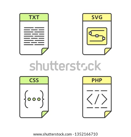 Files format color icons set. Text, image, web page file. TXT, SVG, CSS, PHP. Isolated vector illustrations