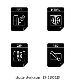 Files format glyph icons set. Presentation, webpage, archive, image files. PPT, HTML, ZIP, PSD. Silhouette symbols. Vector isolated illustration