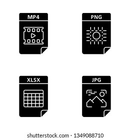Files format glyph icons set. Multimedia, image, spreadsheet files. MP4, PNG, XLSX, JPG. Thin line contour symbols. Isolated vector outline illustrations. Editable stroke