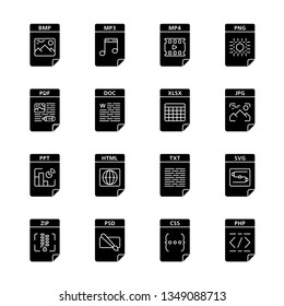 Files format glyph icons set. Multimedia, text, image, web digital files. BMP, MP3, MP4, PNG, PDF, DOC, XLSX, JPG, PPT, HTML, TXT, SVG, ZIP, PHP, CSS. Silhouette symbols. Vector isolated illustration