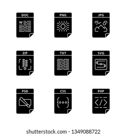 Files format glyph icons set. Text, image, archive, webpage files. DOC, PNG, ZIP, TXT, SVG, PSD, CSS, PHP. Silhouette symbols. Vector isolated illustration svg