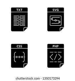 Files format glyph icons set. Text, image, web page file. TXT, SVG, CSS, PHP. Silhouette symbols. Vector isolated illustration