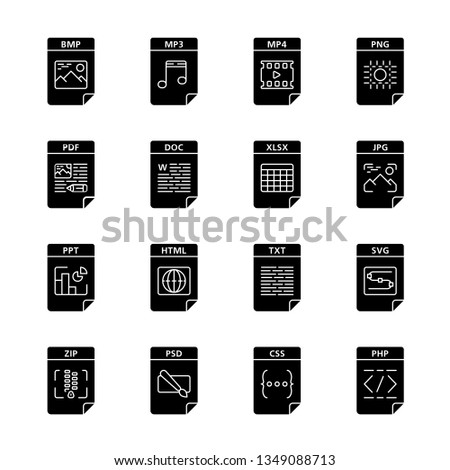 Files format glyph icons set. Multimedia, text, image, web digital files. BMP, MP3, MP4, PNG, PDF, DOC, XLSX, JPG, PPT, HTML, TXT, SVG, ZIP, PHP, CSS. Silhouette symbols. Vector isolated illustration
