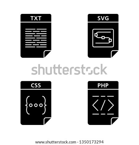 Files format glyph icons set. Text, image, web page file. TXT, SVG, CSS, PHP. Silhouette symbols. Vector isolated illustration