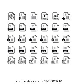 Files format icons set with flat Design ,png,jpg,gif,tif,Raw,Ai,psd,eps,mp3,mp4,mov,avi,zip,ppt,doc,xls,pdf,iso,text,exe,font , vector design element illustration