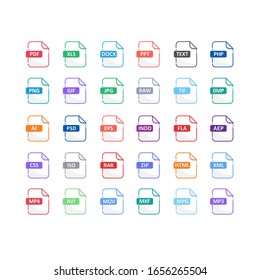 files Format icons set  with flat design  big pack of Document, Sysytem, offices, media, audio, graphic, video and  Programming files type . vector design element illustration