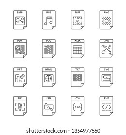 Files format linear icons set. Multimedia, text, web digital files. MP3, MP4, PNG, PDF, DOC, XLSX, JPG, HTML, ZIP. Thin line contour symbols. Isolated vector outline illustrations. Editable stroke