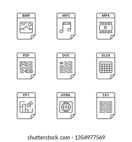 Files format linear icons set. Image, multimedia, text, webpage files. BMP, MP3, MP4, PDF, DOC, XLSX, PPT, HTML, TXT. Thin line contour symbols. Isolated vector outline illustrations. Editable stroke