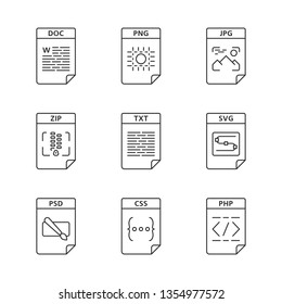 Files Format Linear Icons Set. Image, Multimedia, Text, Spreadsheet, Webpage Files. DOC, PNG, ZIP, TXT, SVG, PSD, CSS. Thin Line Contour Symbols. Isolated Vector Outline Illustrations. Editable Stroke