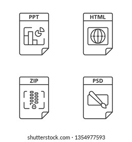 Files format linear icons set. Presentation, webpage, archive, image files. PPT, HTML, ZIP, PSD. Thin line contour symbols. Isolated vector outline illustrations. Editable stroke