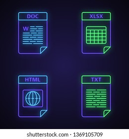 Files format neon light icons set. Text, web and data files. DOC, XLSX, HTML, TXT. Glowing signs. Vector isolated illustrations