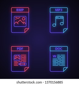 Files format neon light icons set. Image, audio files, text documents. BMP, MP3, PDF, DOC. Glowing signs. Vector isolated illustrations