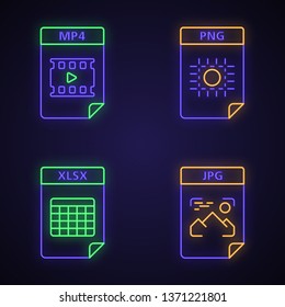 Files format neon light icons set. Multimedia, image, spreadsheet files. MP4, PNG, XLSX, JPG. Glowing signs. Vector isolated illustrations