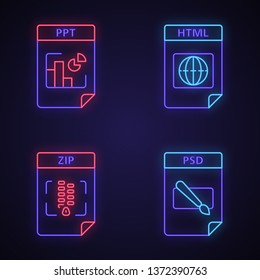 Files format neon light icons set. Presentation, webpage, archive, image files. PPT, HTML, ZIP, PSD. Glowing signs. Vector isolated illustrations