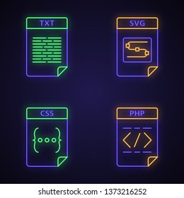 Files format neon light icons set. Text, image, web page file. TXT, SVG, CSS, PHP. Glowing signs. Vector isolated illustrations
