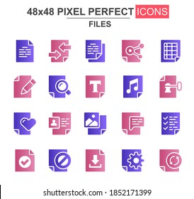 Files glyph icon set. Document lock, edit, delete, processing, search, preferences, media content, update unique icons. Flat vector bundle for UI UX design. 48x48 pixel perfect GUI pictograms pack.