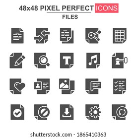 Files glyph icon set. Document lock, edit, delete, processing, search, preferences, media content, update unique icons. Flat vector bundle for UI UX design. 48x48 pixel perfect GUI pictograms pack.