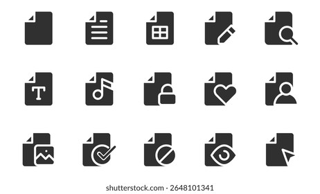 Files glyph icons pack for web design. Solid icon set with documents with text or tables, contract, typescript, search, security lock, approval, decline and more pictograms. Vector illustration.