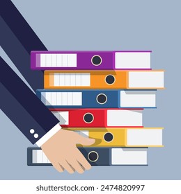 Files in hand, ring binders, colorful office folders. Side view. Bureaucracy, paperwork and office. Vector illustration in flat style