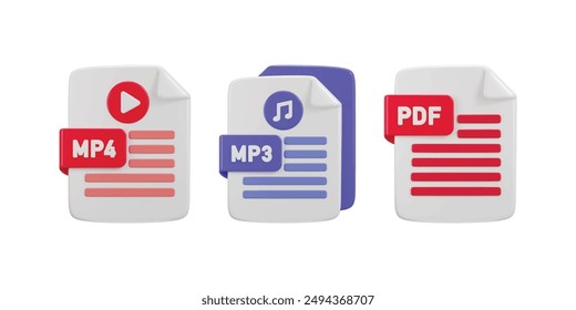 Files icon on mp4, mp3 and pdf file format icon 3d rendering vector illustration