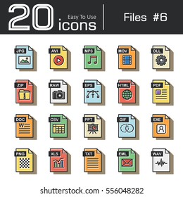 Files icon set 6 . vintage and retro style . ( jpg . avi . mp3 . mov . dll . zip . raw . eps . html . pdf . doc . csv . ppt . gif . exe . png . xls . txt . eml . wav )