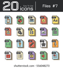 Files icon set 7 . vintage and retro style . ( mp4 . iso . mid . apk . otf . bak . bat . bmp . tif . rar . css . kml . ink . ico . ogg . mpg . swf . 3gp . wma . flv )