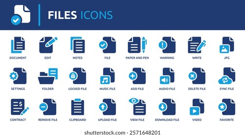 Files icon set. Containing document, notes, edit, write, folder, contract, add file, JPG and more. Solid vector icons collection.