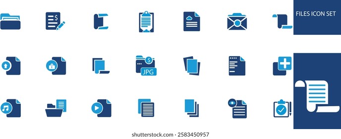 Files icon set. Containing document, notes, edit, write, folder, contract, add file, JPG and more. Solid vector icons collection.