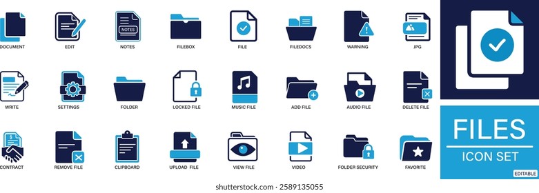 Files icon set. document, notes, edit, write, folder, contract, add file, JPG You can easily change the color