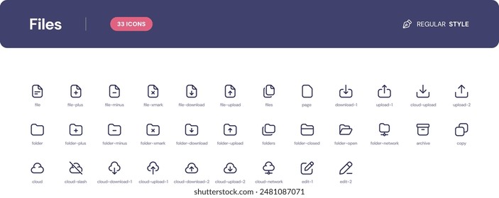 Files icon set. Essential UI Icons Set in Line Style. The set consists of essential and commonly-used icons that every UI designer needs.