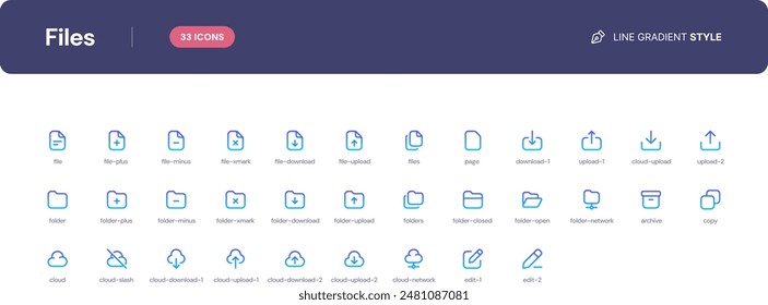 Files icon set. Essential UI Icons Set in Line Gradient Style. The set consists of essential and commonly-used icons that every UI designer needs.