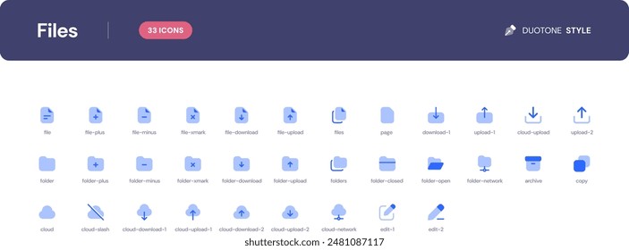 Files icon set. Essential UI Icons Set in Duotone Style. The set consists of essential and commonly-used icons that every UI designer needs.