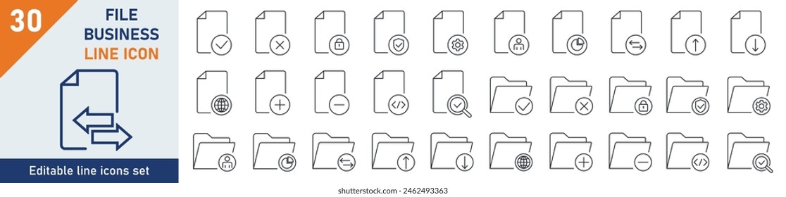 Files icons Pixel perfect. Files business icon set. Set of 30 outline icons related to file, finance, documents, check. Linear icon collection. Editable stroke. Vector illustration.